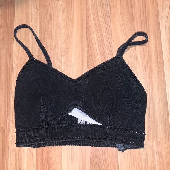 Zara | Studded Denim Cutout Crop Top Size XS black - Picture 2 of 6